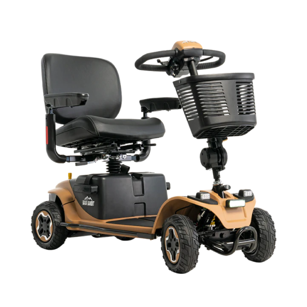 Pride Baja Bandit mobility scooter with black seat and front basket for easy transport
