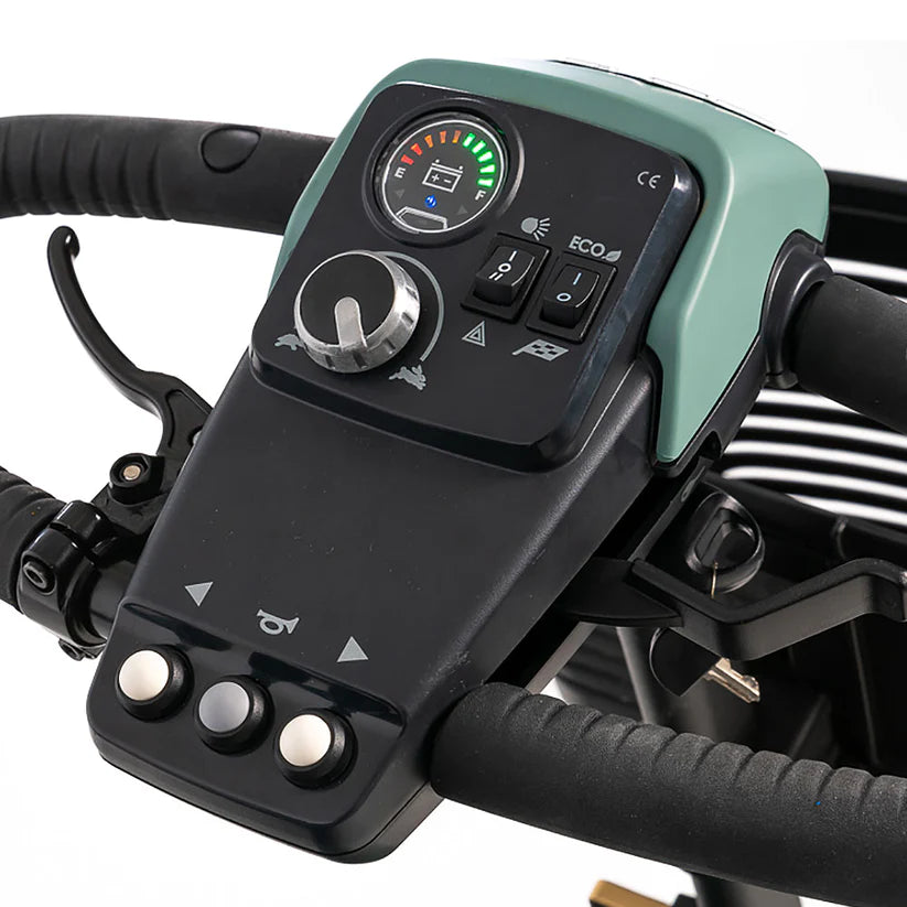 Baja Bandit electric scooter control panel with speed dial, battery indicator, and eco mode switches