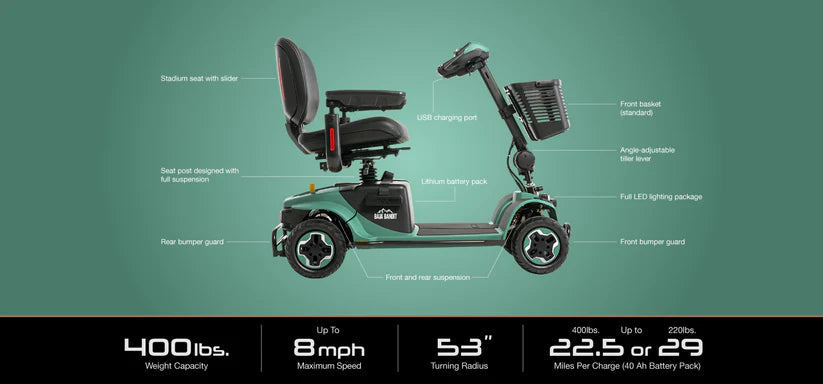 Pride Baja Bandit mobility scooter in green with padded seat and basket, designed for comfort and stability