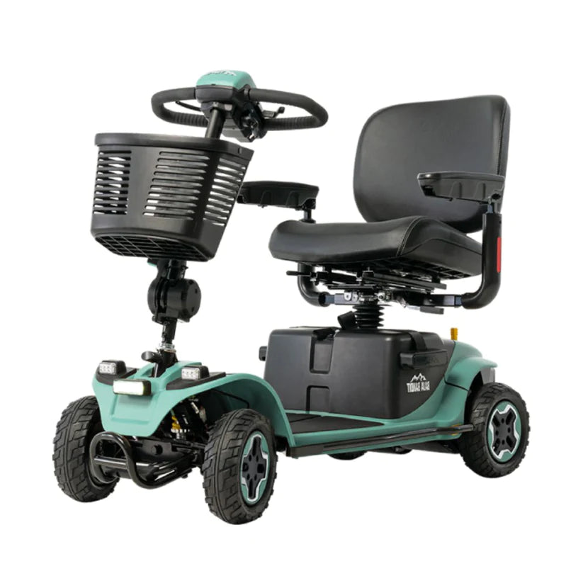 Pride Baja Bandit mobility scooter in teal with black seat and front storage basket