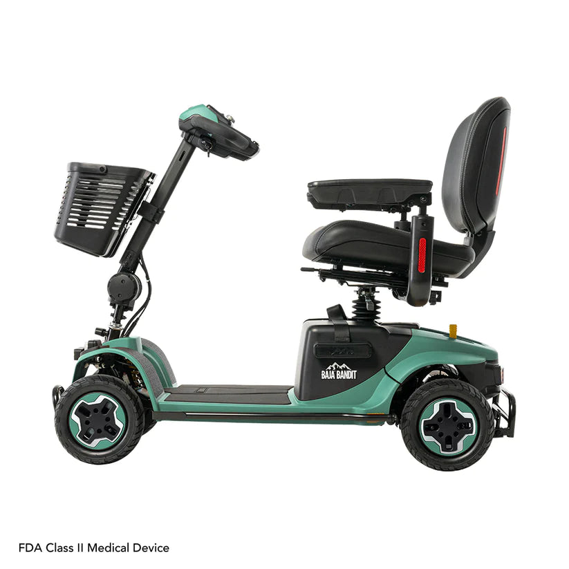 Pride Baja Bandit mobility scooter in teal with black seat and front basket for easy transport