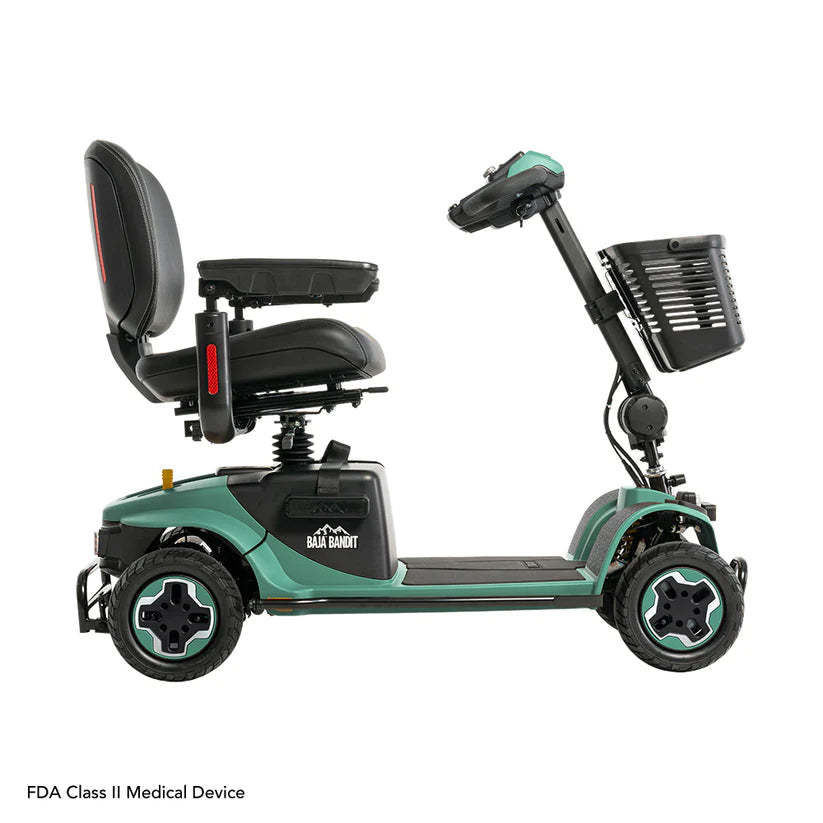 Pride Baja Bandit mobility scooter in green with black seat and front basket