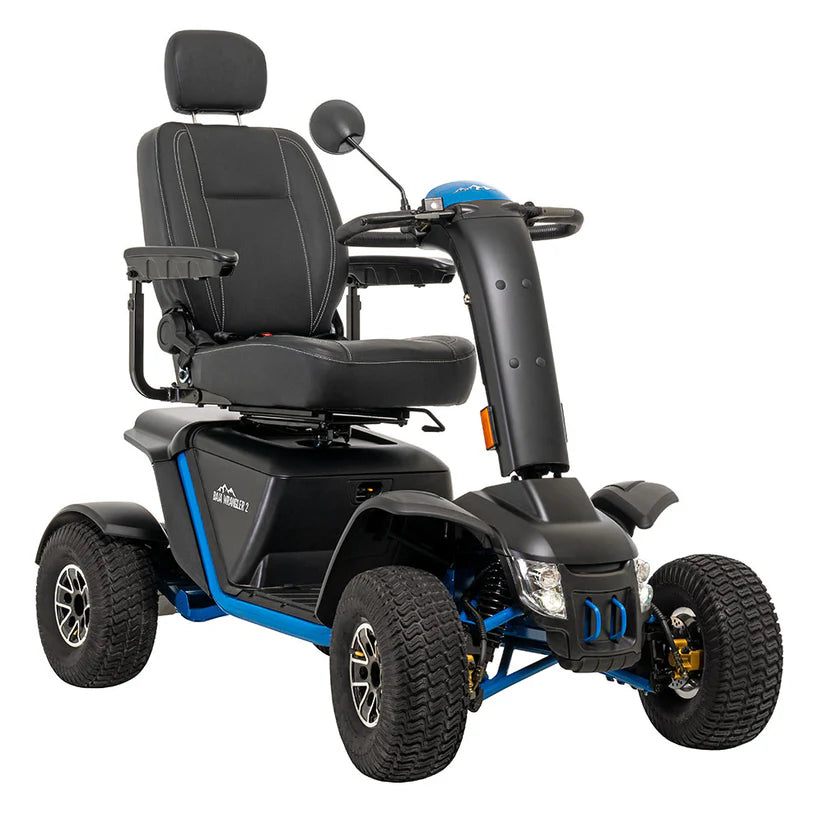 Pride Mobility Baja Wrangler 2 black and blue rugged outdoor mobility scooter with large off-road tires