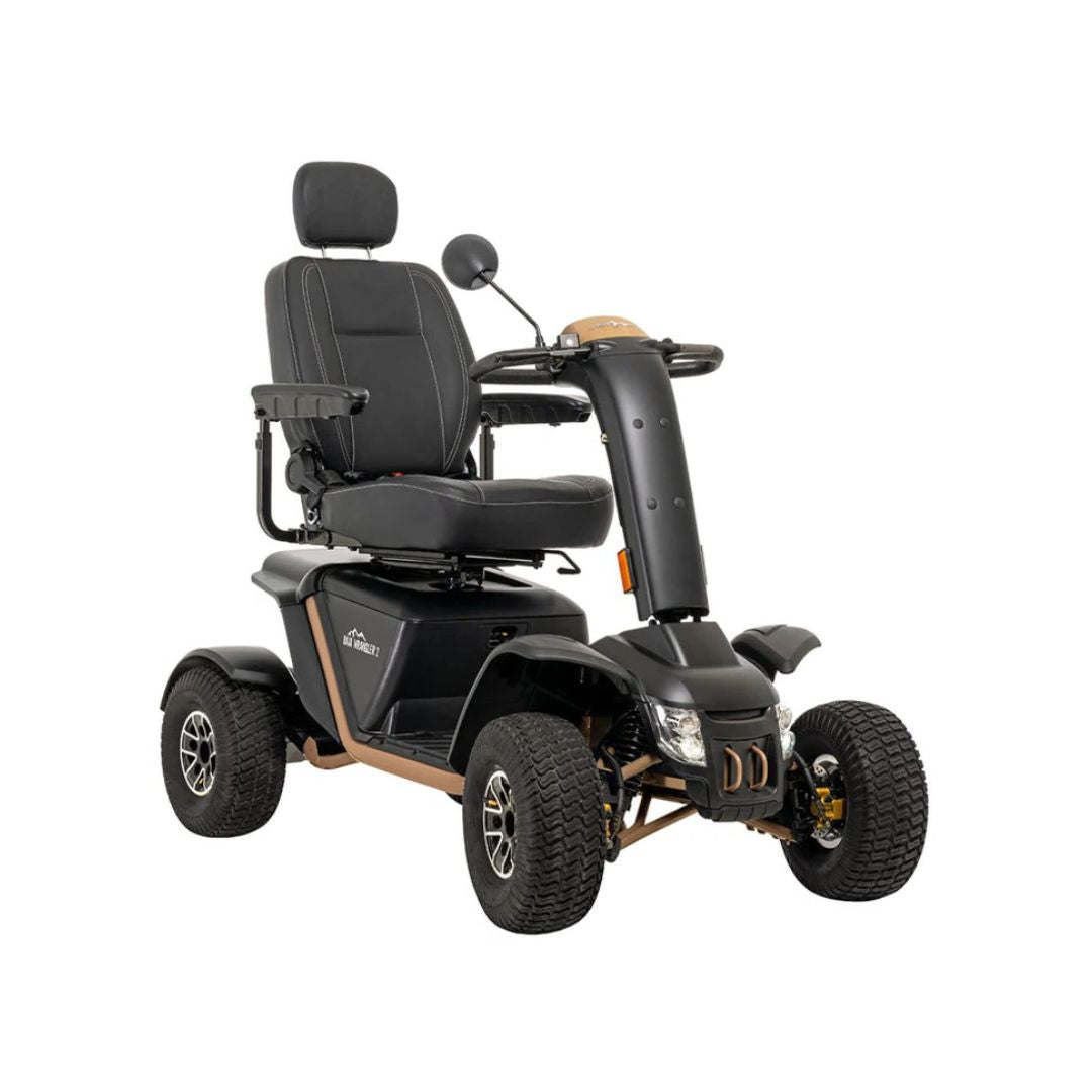 Pride Mobility Baja Wrangler 2 mobility scooter with black seat and rugged four-wheel design