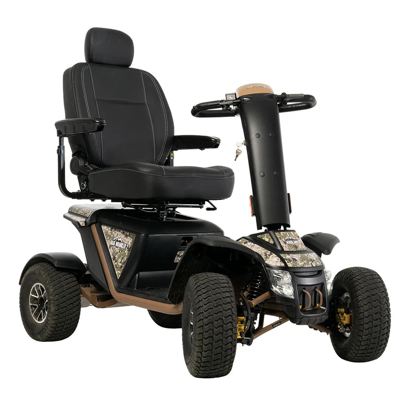Pride Mobility Baja Wrangler 2 black mobility scooter with large off-road tires and padded seat