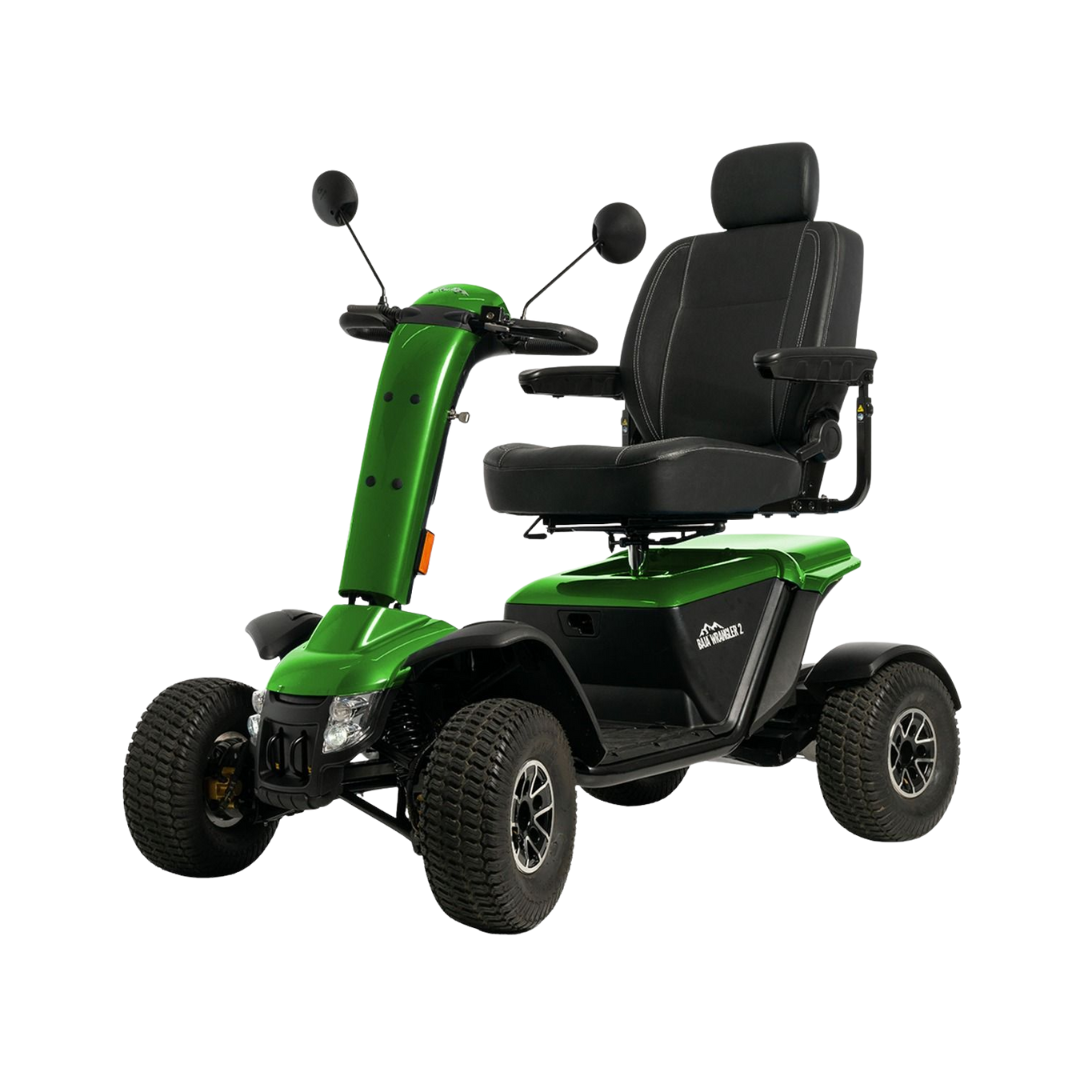 Pride Mobility Baja Wrangler 2 green mobility scooter with black cushioned seat and all-terrain tires