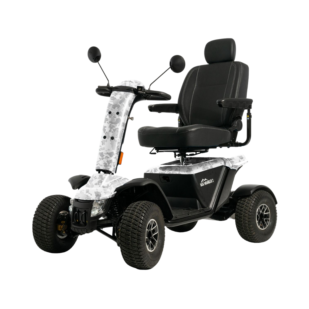 Pride Mobility Baja Wrangler 2 mobility scooter with black seat and white camouflage frame