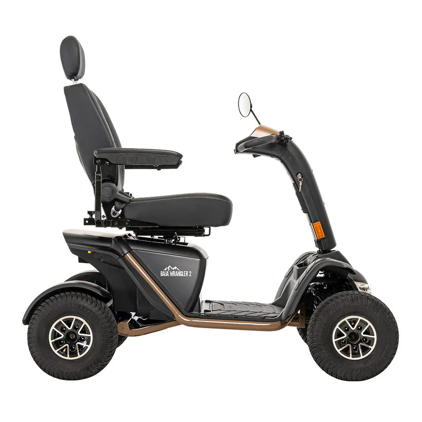 Pride Mobility Baja Wrangler 2 black mobility scooter with padded seat and large off-road tires