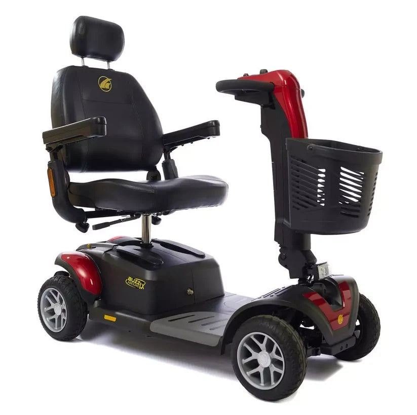 Golden Technologies Buzzaround LX Luxury 4-Wheel mobility scooter in black and red with adjustable seat and front basket