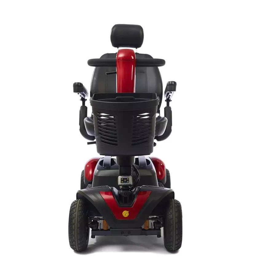 Golden Technologies Buzzaround LX Luxury 4-Wheel mobility scooter in red and black with front basket and headrest