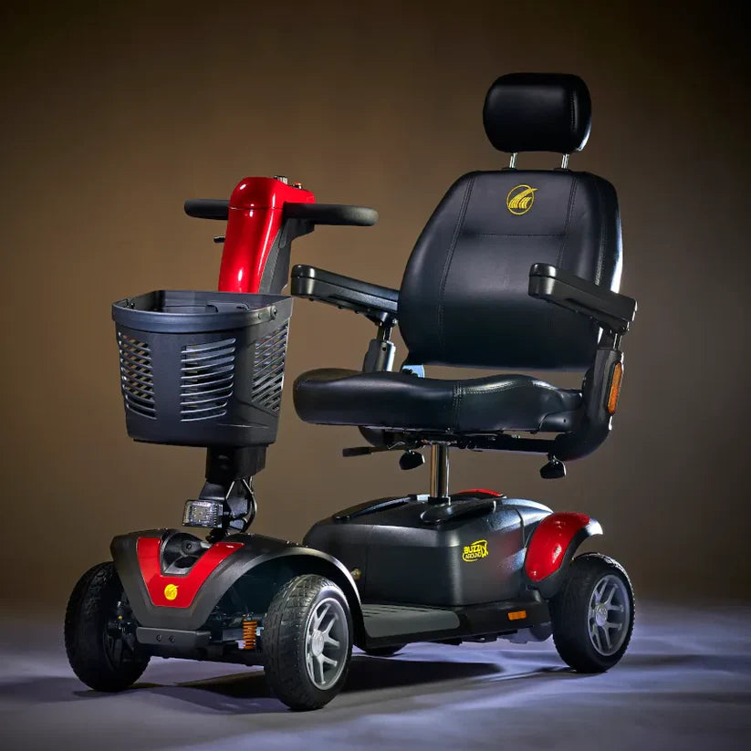 Golden Technologies Buzzaround LX Luxury 4-Wheel mobility scooter with black leather seat and front basket