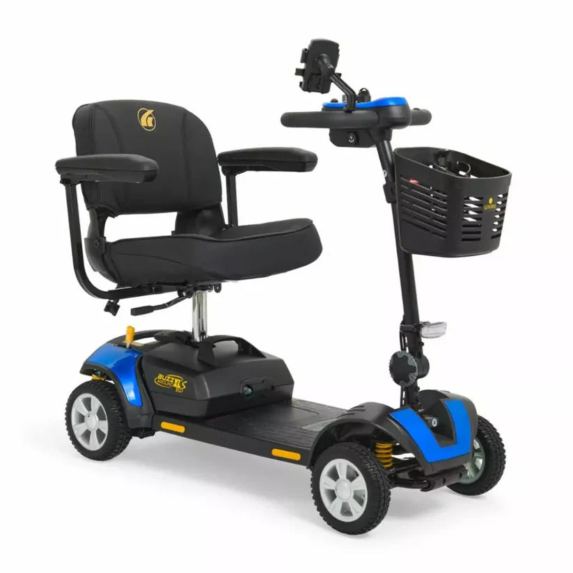 Golden Technologies Buzzaround XLS-HD 4-Wheel mobility scooter in black and blue with comfortable seat and front basket