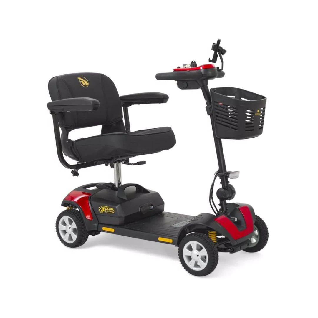 Golden Technologies Buzzaround XLS-HD 4-Wheel mobility scooter with black seat and red frame