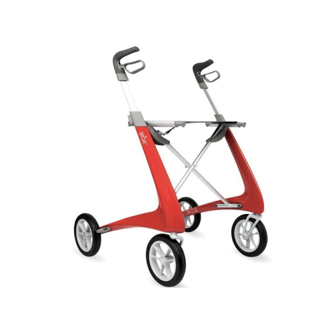 Medline ByACRE Ultralight Carbon Fiber Rollator in red with four wheels and ergonomic handles