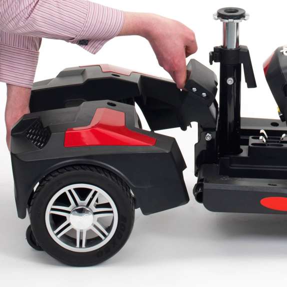 Drive Medical Scout-LT4 mobility scooter black and red rear section with person folding the seat
