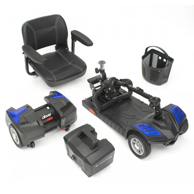 Disassembled Drive Medical Scout-LT4 mobility scooter with black seat, battery, base frame, and basket