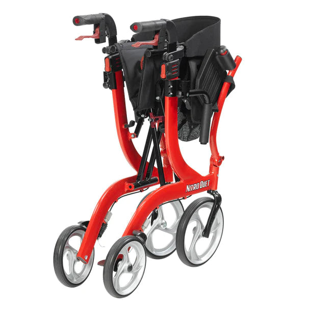 Drive Nitro Duet Rollator in red with black seat and four wheels for stability and mobility assistance