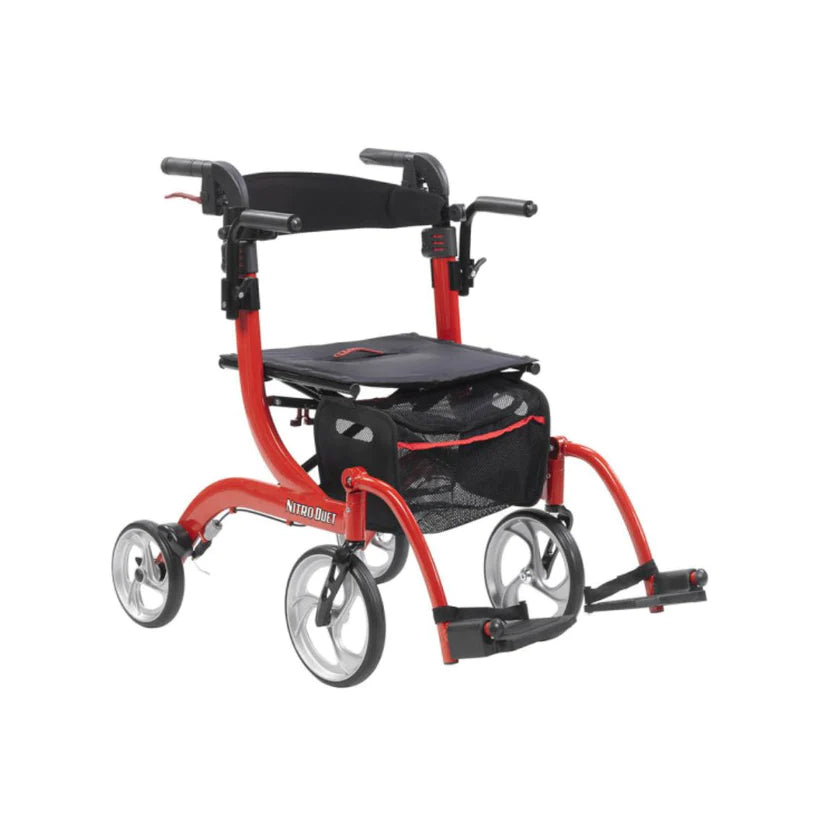 Drive Nitro Duet Rollator in red with black seat and storage bag for mobility support