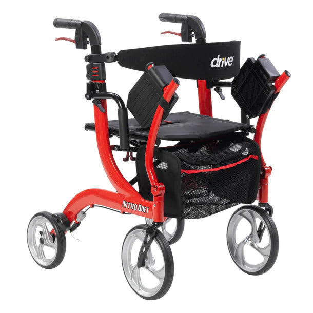 Drive Nitro Duet Rollator in red with black seat, backrest, and storage bag for mobility support