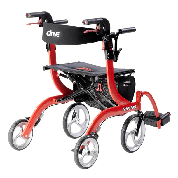 Drive Nitro Duet Rollator in red with black seat and four wheels for easy mobility and support