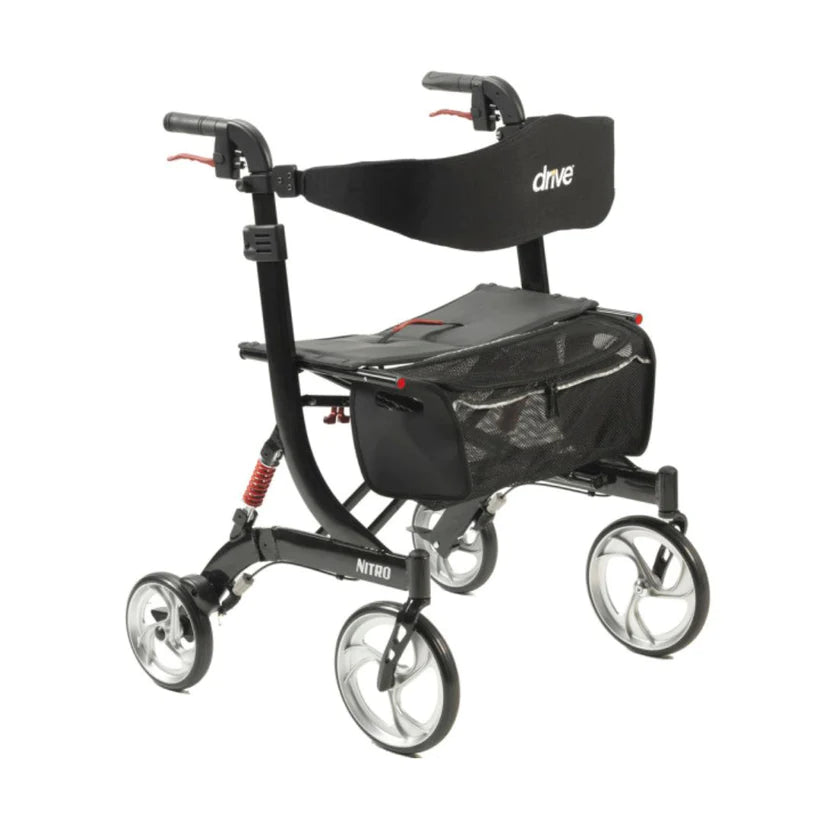 Drive Nitro Euro Style HD Rollator 10266HD-BK black four-wheel walker with seat and storage bag
