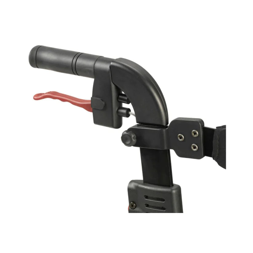 Close-up of black handle and red brake lever on Nitro Euro Style HD Rollator 10266HD-BK by Drive