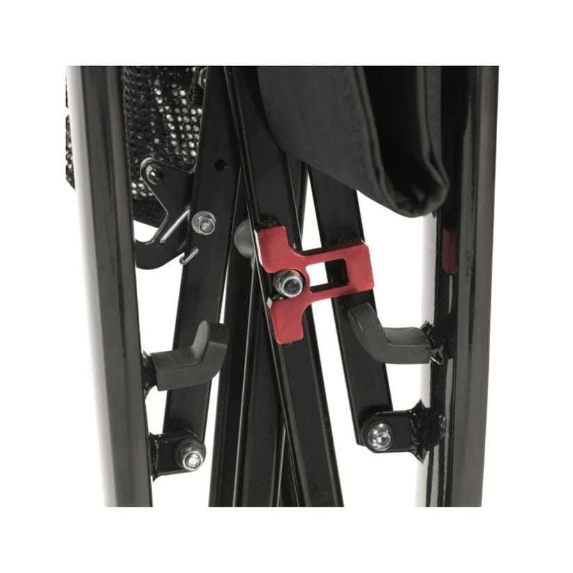 Close-up view of the folding mechanism on the Nitro Euro Style HD Rollator 10266HD-BK by Drive