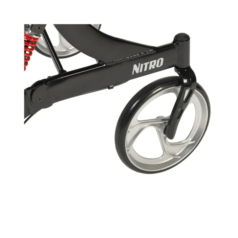 Close-up of front wheel and frame detail of Nitro Euro Style HD Rollator 10266HD-BK in black