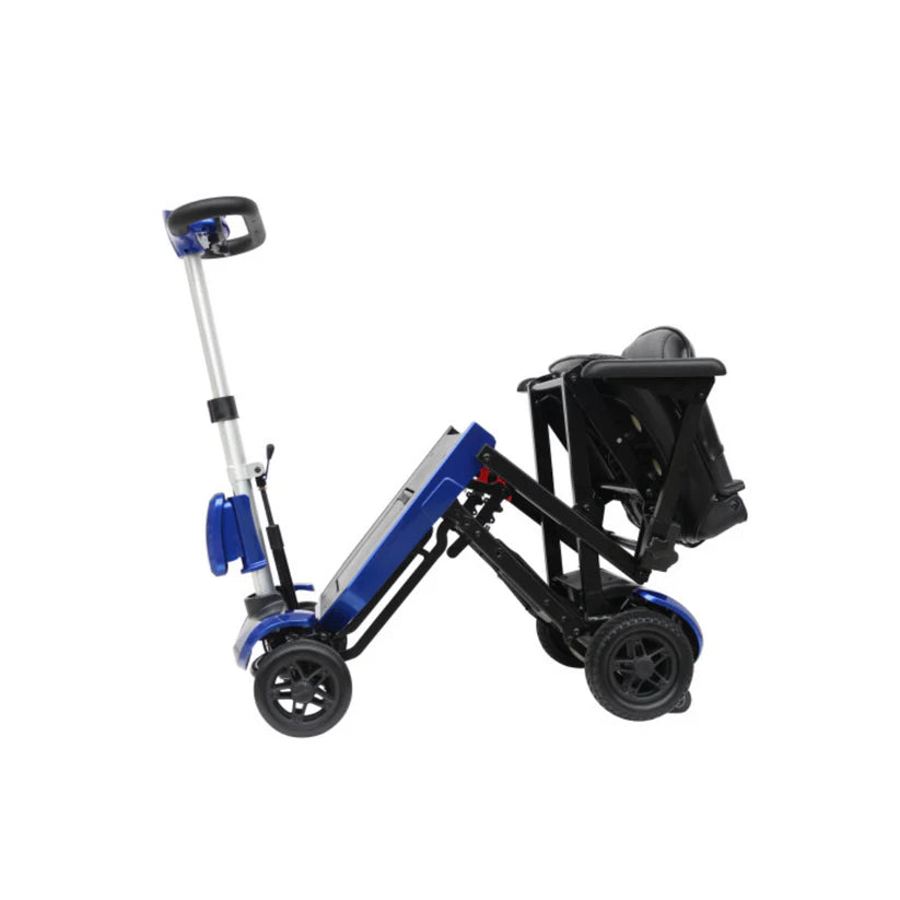 Drive Medical ZooMe Auto Flex foldable mobility scooter in blue and black with compact design