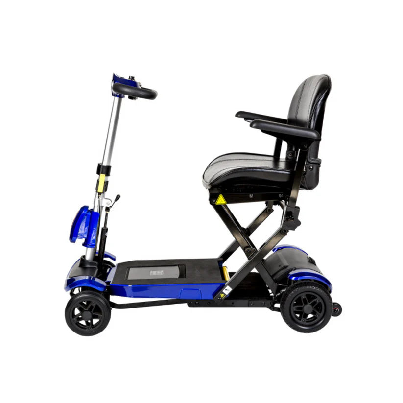 Drive Medical ZooMe Auto Flex folding mobility scooter with black seat and blue frame