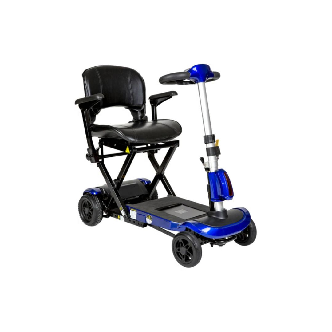 Drive Medical ZooMe Auto Flex compact blue mobility scooter with black seat and adjustable handlebar
