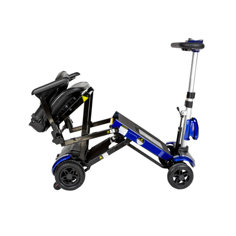 Drive Medical ZooMe Auto Flex compact folding electric mobility scooter in blue and black