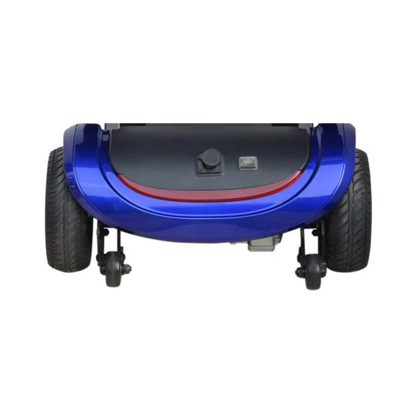 Drive Medical ZooMe Auto Flex mobility scooter blue rear view with large wheels