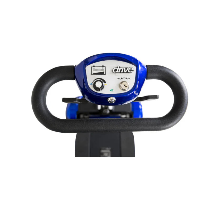 Drive Medical ZooMe Auto Flex mobility scooter control panel with ergonomic handlebar in blue
