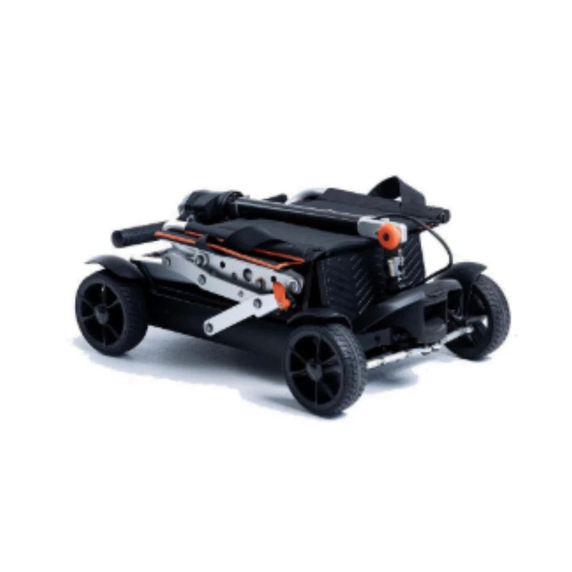 Folded Feather 27X Scooter compact for easy storage and transport with black and orange accents