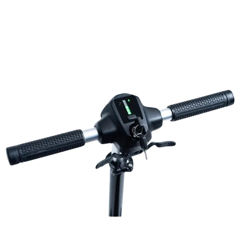 Handlebar and control panel of Feather 27X Scooter with key ignition and battery indicator