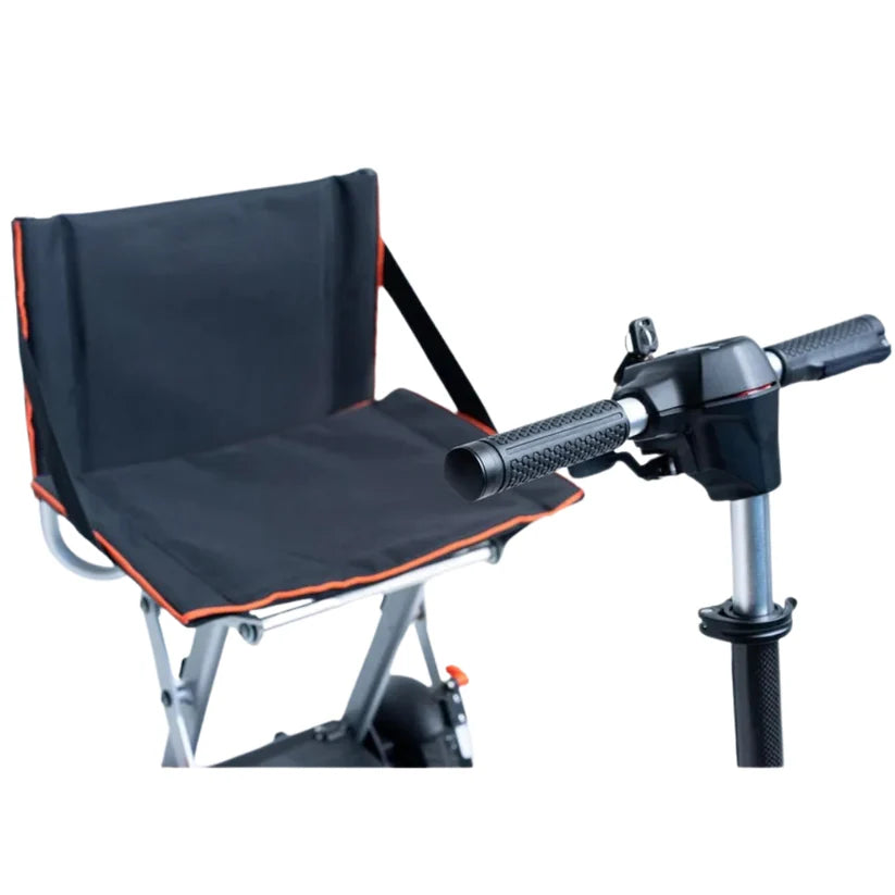 Black seat and handlebar close-up for Feather 27X Scooter with comfortable seating and grip