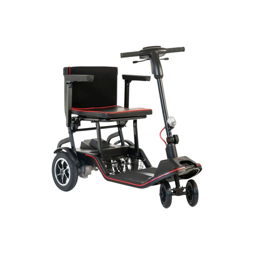 Feather Scooter lightweight black mobility scooter with cushioned seat and three wheels
