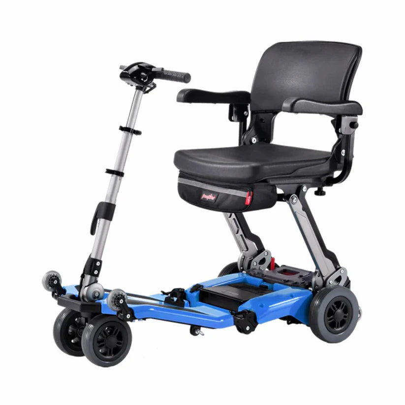 Free Rider USA Luggie Super foldable mobility scooter in blue with black cushioned seat and armrests