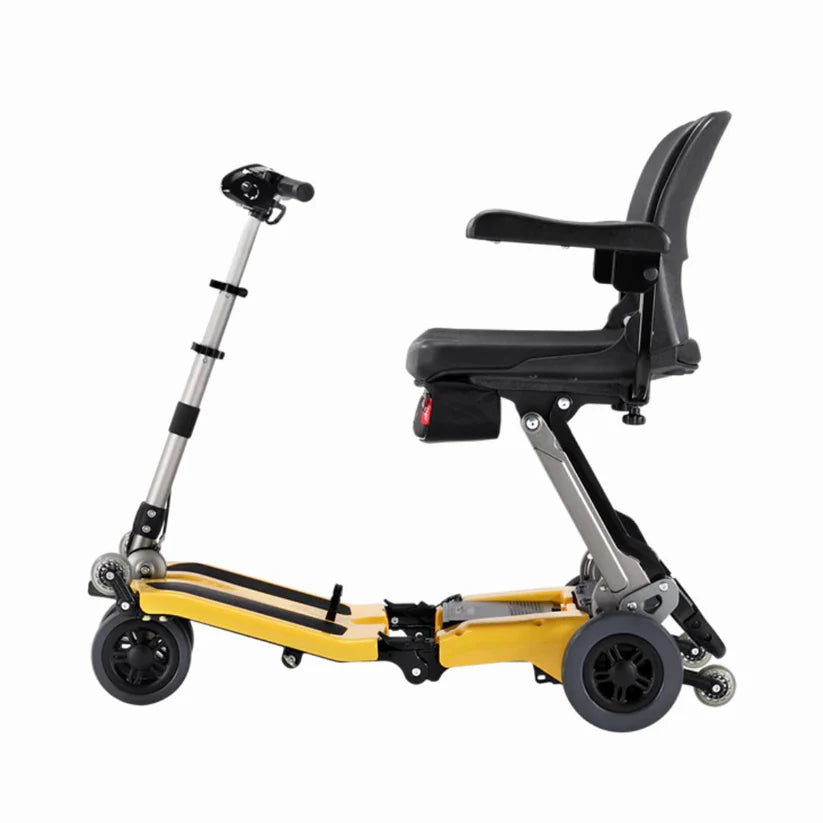 Free Rider USA Luggie Super yellow foldable mobility scooter with black adjustable seat and handlebars