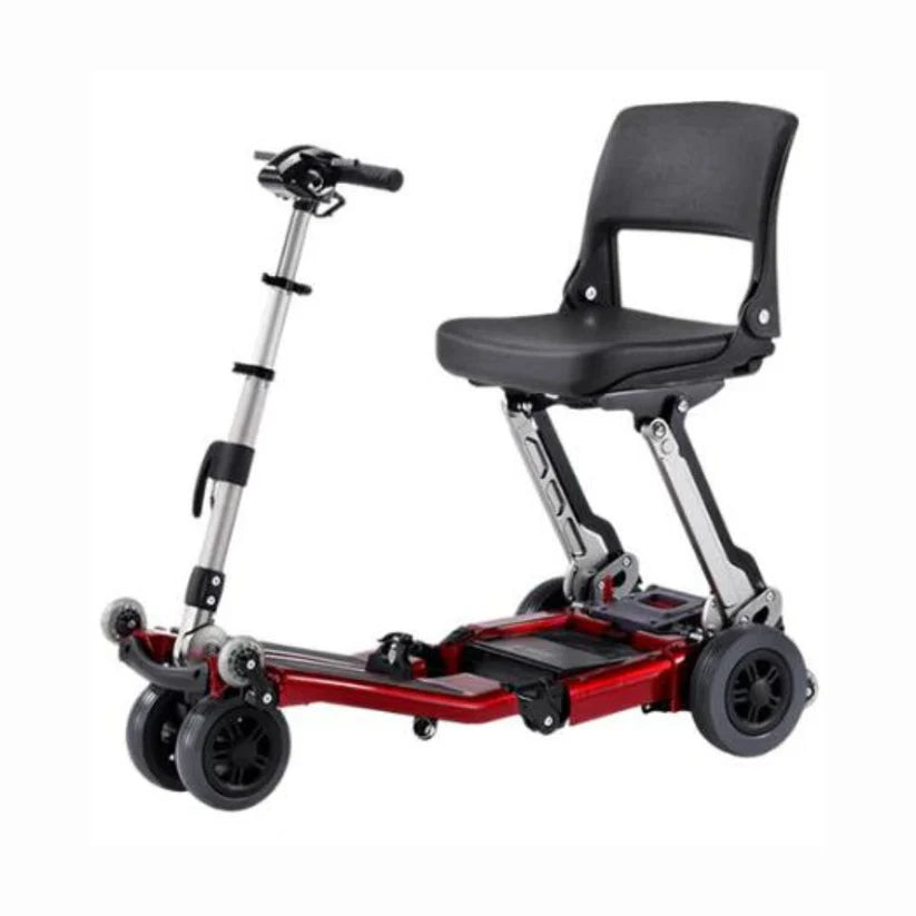 FreeRider USA Luggie Standard red folding mobility scooter with black seat and handlebars