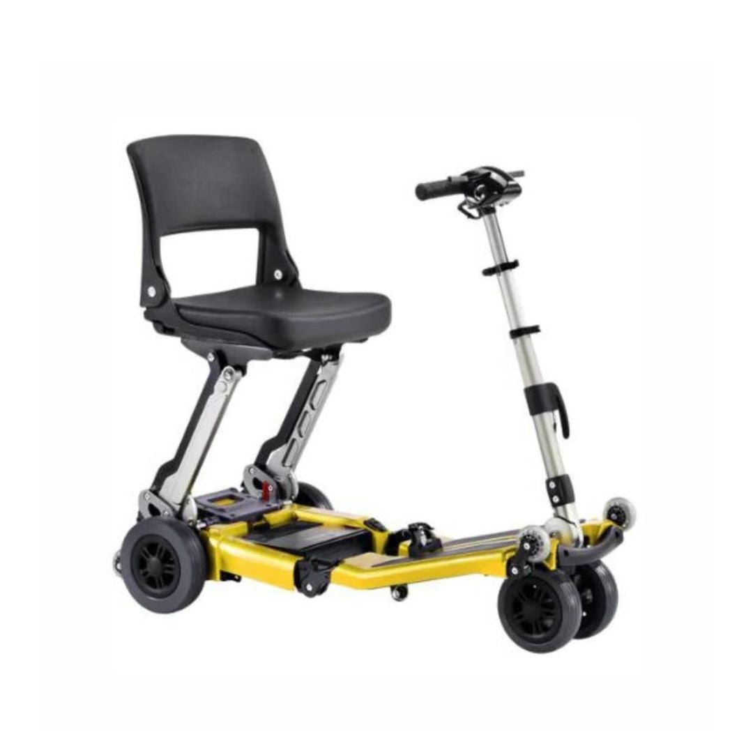 Foldable FreeRider USA Luggie Standard mobility scooter with black seat and yellow frame