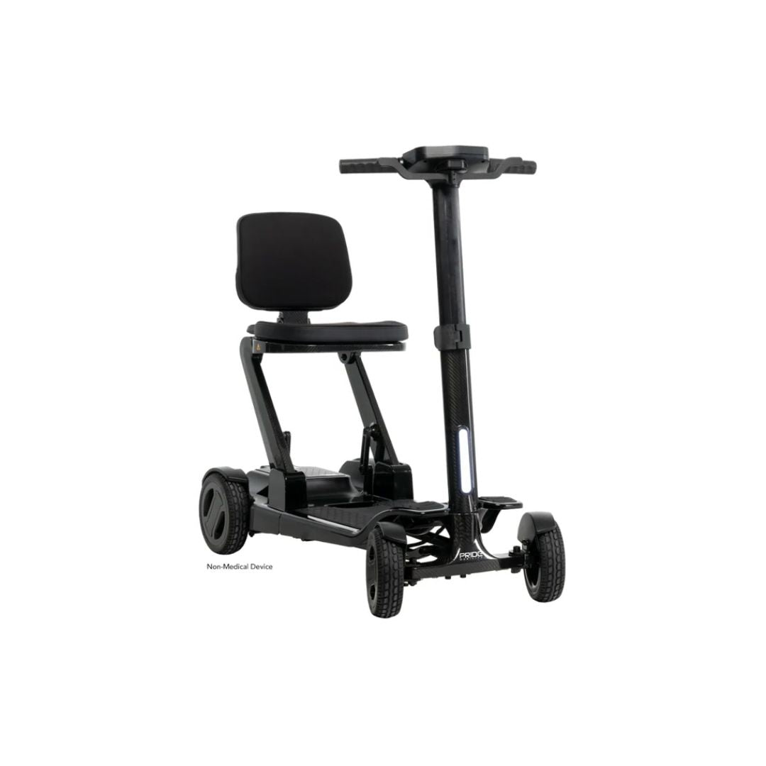 Pride Mobility Go Go Carbon lightweight foldable mobility scooter with black seat and handlebars