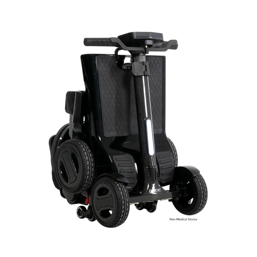 Folded Pride Mobility Go Go Carbon lightweight electric mobility scooter in black