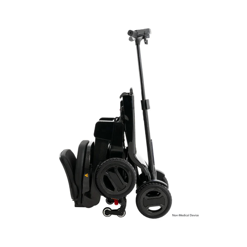Folded Pride Mobility Go Go Carbon lightweight mobility scooter in black with compact design