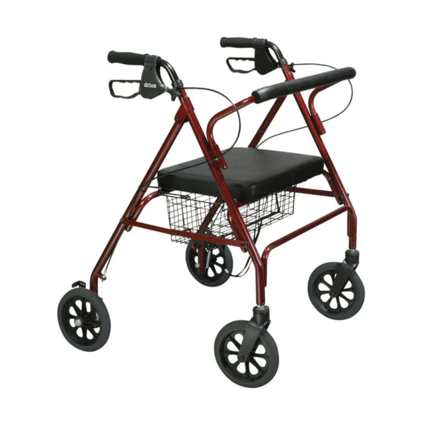 Drive Go-Lite Bariatric Steel Rollator with padded seat, storage basket, and four wheels in red