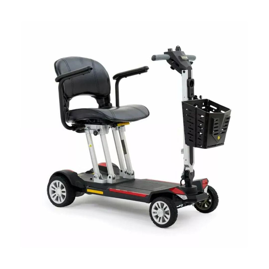 Golden Technologies Buzzaround CarryOn lightweight mobility scooter with black seat and front basket
