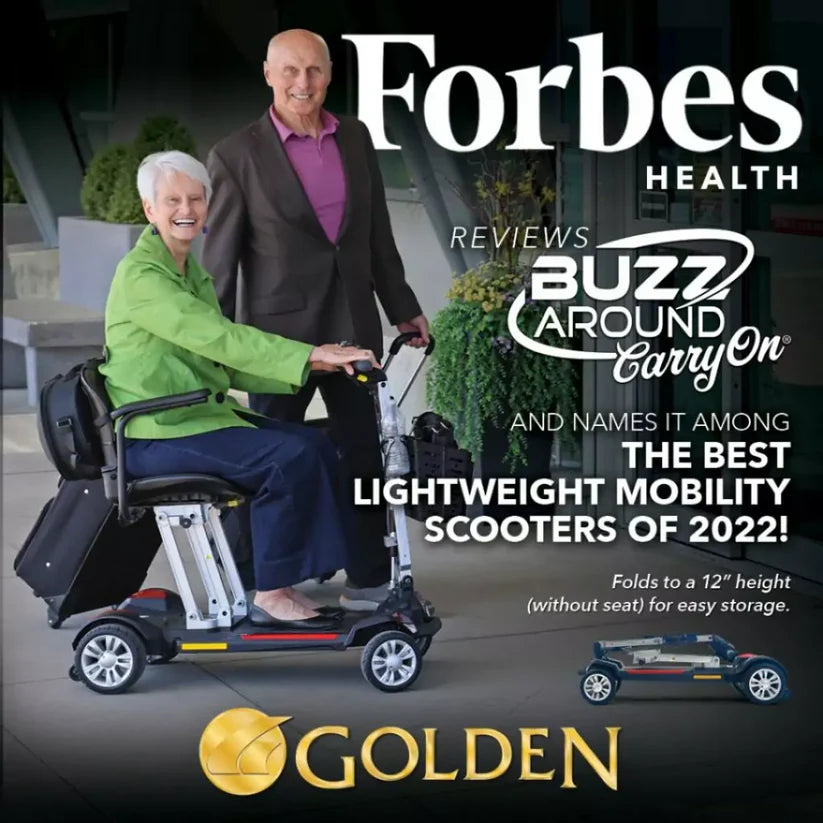 Older woman using Golden Technologies Buzzaround CarryOn lightweight mobility scooter with man standing beside her