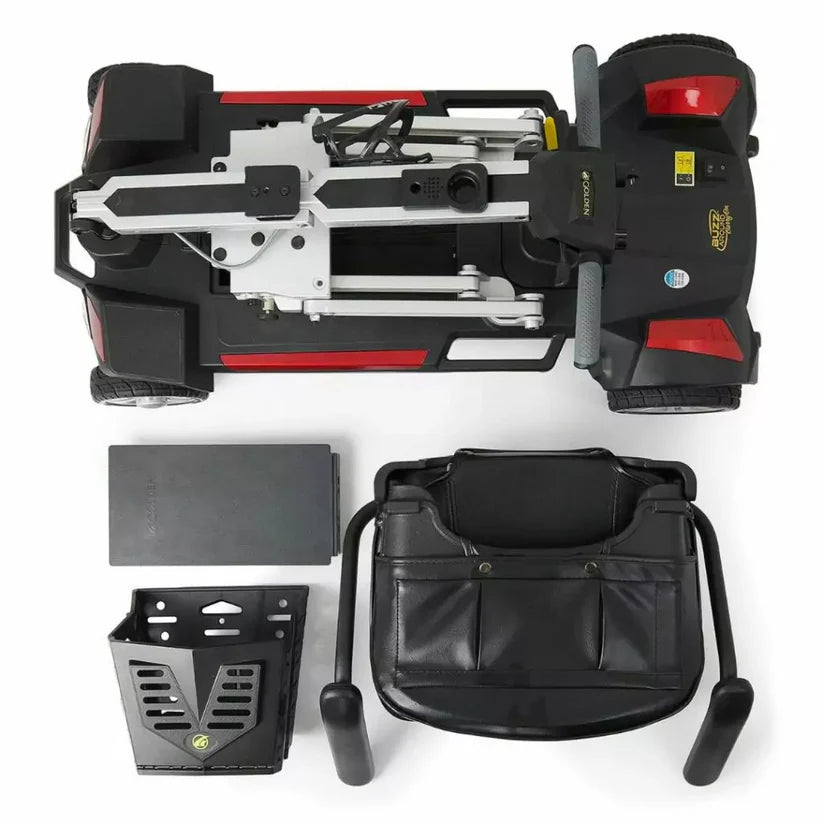 Golden Technologies Buzzaround CarryOn mobility scooter folded with battery, seat, and basket components