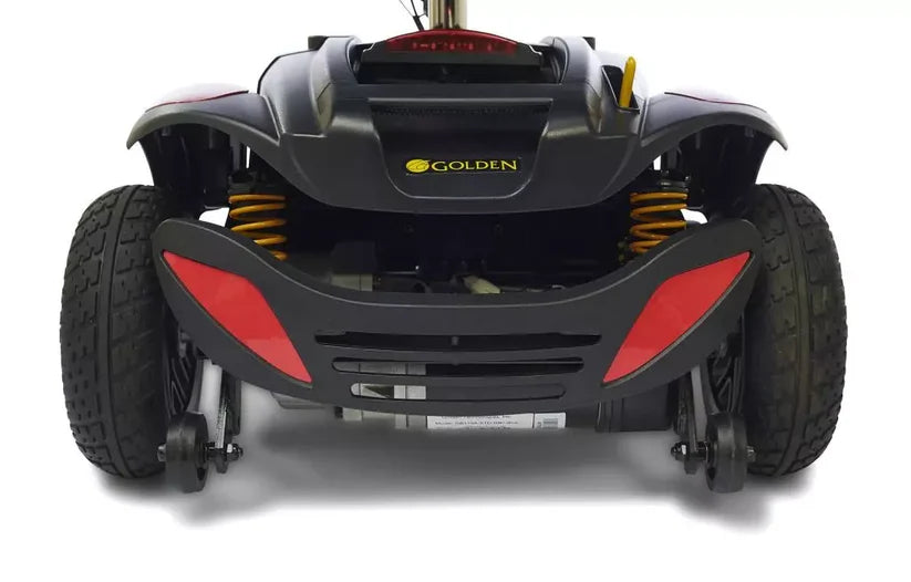 Front view of Golden Technologies Buzzaround LX Luxury 3-Wheel mobility scooter with black and red design